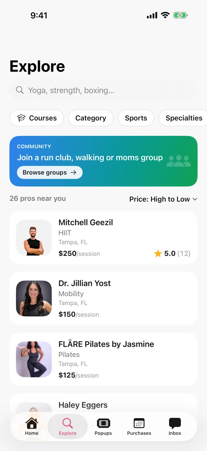 The Explore screen in the Popcoach app, listing coaches near you with their specialty, price per session and star rating